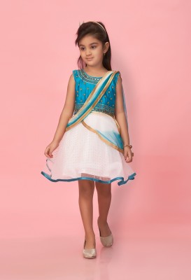 MUHURATAM Indi Girls Below Knee Party Dress(Blue, Sleeveless)