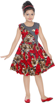 Litil Stellas Indi Girls Midi/Knee Length Casual Dress(Red, Sleeveless)