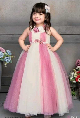 asdress Indi Girls Maxi/Full Length Festive/Wedding Dress(Pink, White, Sleeveless)