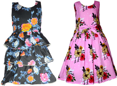 Hunoor Girls Below Knee Casual Dress(Multicolor, Sleeveless)