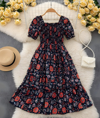 Deklook Girls Midi/Knee Length Party Dress(Multicolor, Short Sleeve)