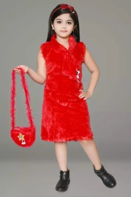 Asrastoras Girls Midi/Knee Length Party Dress(Red, Sleeveless)