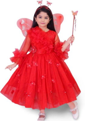 aruna creation Baby Girls Midi/Knee Length Party Dress(Red, 3/4 Sleeve)