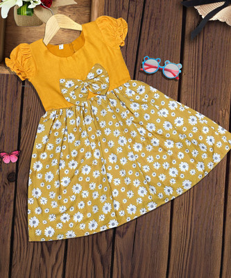 PAMBERSTON Indi Girls Midi/Knee Length Casual Dress(Yellow, Short Sleeve)