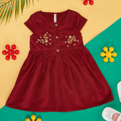 Pantaloons Baby Baby Girls Midi/Knee Length Casual Dress(Maroon, Short Sleeve)