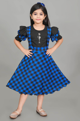 A M ENTERPRISE Girls Below Knee Casual Dress(Blue, Half Sleeve)