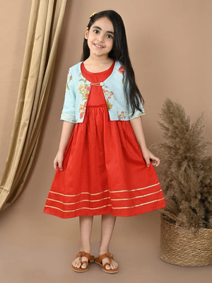 Sangria Girls Midi/Knee Length Festive/Wedding Dress(Red, Short Sleeve)