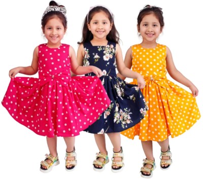 TUSU Girls Midi/Knee Length Casual Dress(Multicolor, Sleeveless)