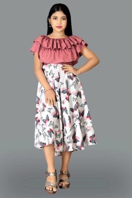 Aarya Designer Girls Midi/Knee Length Casual Dress(White, Short Sleeve)