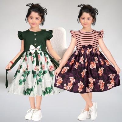 LOKADO FASHION Girls Midi/Knee Length Casual Dress(Multicolor, Short Sleeve)