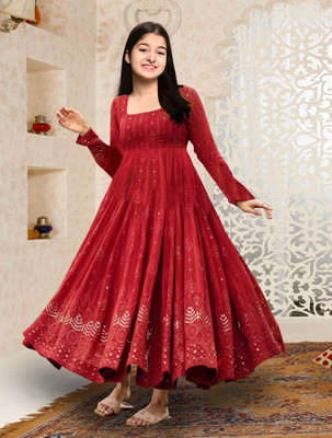 Trijal Fab Girls Maxi/Full Length Casual Dress(Red, Full Sleeve)