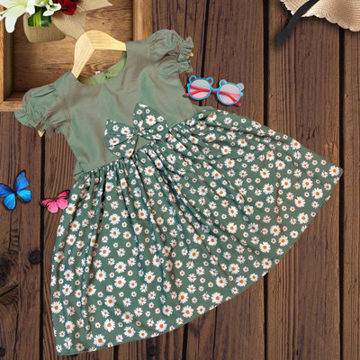 HouseOfCommon Girls Midi/Knee Length Casual Dress(Green, Short Sleeve)