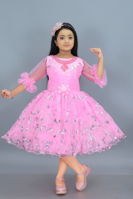 Wellnox Baby Girls Midi/Knee Length Festive/Wedding Dress(Pink, 3/4 Sleeve)