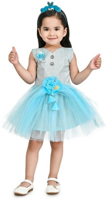asrup Girls Above Knee Party Dress(Blue, Sleeveless)