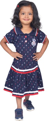 Yellowtoons Girls Below Knee Casual Dress(Dark Blue, Half Sleeve)