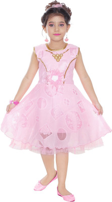 TrendyClub Girls Midi/Knee Length Festive/Wedding Dress(Pink, Sleeveless)