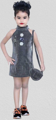 smf Girls Above Knee Festive/Wedding Dress(Silver, Sleeveless)