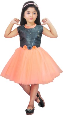 Z NEW KOLPONA FASHION Indi Girls Midi/Knee Length Festive/Wedding Dress(Orange, Sleeveless)