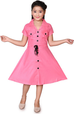 HALDER AND SONS Girls Midi/Knee Length Party Dress(Pink, Short Sleeve)