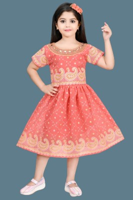 ARSHEE FASHION Girls Calf Length Festive/Wedding Dress(Orange, Short Sleeve)