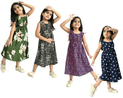 MTI FASHIONS Indi Girls Below Knee Casual Dress(Multicolor, Sleeveless)