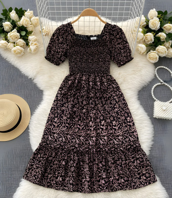 Deklook Girls Midi/Knee Length Party Dress(Black, Short Sleeve)