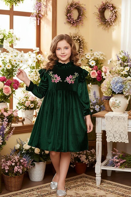 S.K.M Garments Girls Above Knee Party Dress(Green, Full Sleeve)
