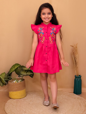 JEXPORT Indi Girls Midi/Knee Length Casual Dress(Pink, Cap Sleeve)