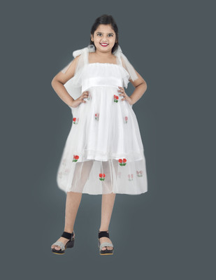 MUMMASCHOICE Indi Girls Midi/Knee Length Casual Dress(White, Fashion Sleeve)
