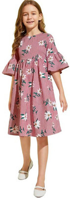 VARDA CREATION Girls Midi/Knee Length Casual Dress(Pink, Short Sleeve)