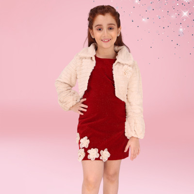 Cutecumber Girls Midi/Knee Length Party Dress(Maroon, Full Sleeve)