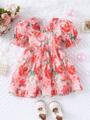 TIOR Indi Girls Midi/Knee Length Casual Dress(Orange, Half Sleeve)