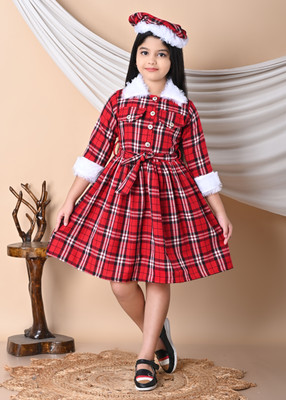 Kidsearth Indi Girls Midi/Knee Length Casual Dress(Red, 3/4 Sleeve)