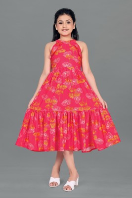 Mirrow Trade Girls Calf Length Casual Dress(Pink, Sleeveless)