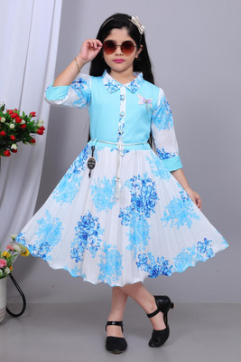 StarKidsFashion Girls Midi/Knee Length Party Dress(Blue, 3/4 Sleeve)