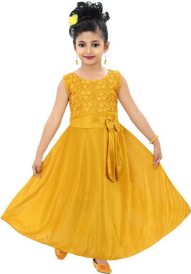 KidsCute Girls Maxi/Full Length Festive/Wedding Dress(Yellow, Sleeveless)