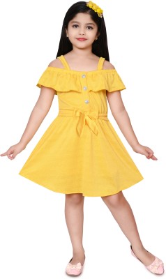 ZOOBA Girls Midi/Knee Length Casual Dress(Yellow, Short Sleeve)