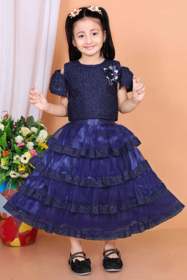 MDRESSES Indi Girls Calf Length Festive/Wedding Dress(Blue, Fashion Sleeve)