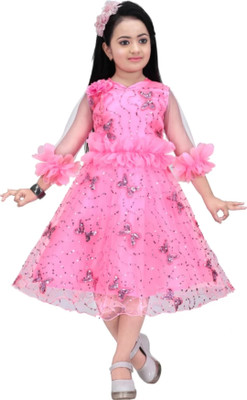 ARUNA CREATIONn Girls Below Knee Festive/Wedding Dress(Pink, 3/4 Sleeve)