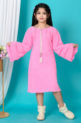 HouseOfCommon Girls Below Knee Party Dress(Pink, Full Sleeve)