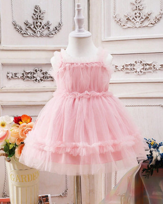 Miss & Chief Girls Midi/Knee Length Party Dress(Pink, Sleeveless)