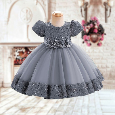 Hirva Tex Girls Midi/Knee Length Party Dress(Grey, Short Sleeve)