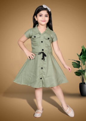 FT fashion Girls Midi/Knee Length Casual Dress(Green, Half Sleeve)