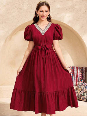 Style Connect Indi Girls Midi/Knee Length Party Dress(Maroon, Half Sleeve)