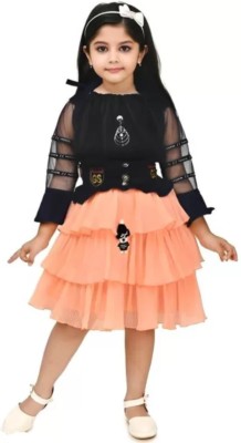 NJT Indi Girls Below Knee Party Dress(Black, Full Sleeve)