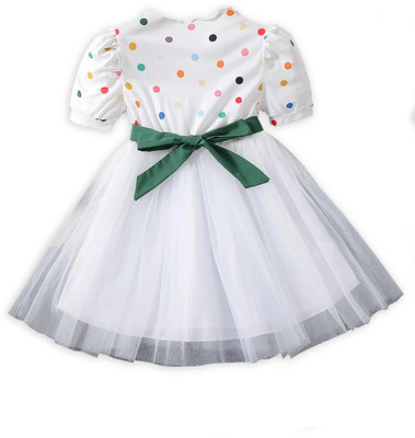 HouseOfCommon Indi Girls Midi/Knee Length Party Dress(White, Short Sleeve)