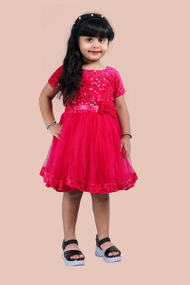 Shree fashion fab Indi Girls Midi/Knee Length Casual Dress(Pink, Short Sleeve)