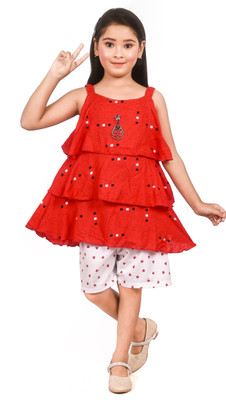 Fashioncore Indi Girls Short/Mid Thigh Casual Dress(Red, Sleeveless)
