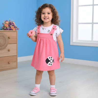 DUNGAREES Baby Girls Midi/Knee Length Festive/Wedding Dress(Pink, Short Sleeve)