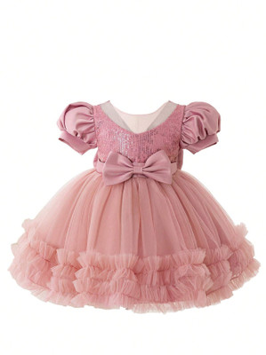 Miss & Chief Girls Midi/Knee Length Party Dress(Pink, Short Sleeve)